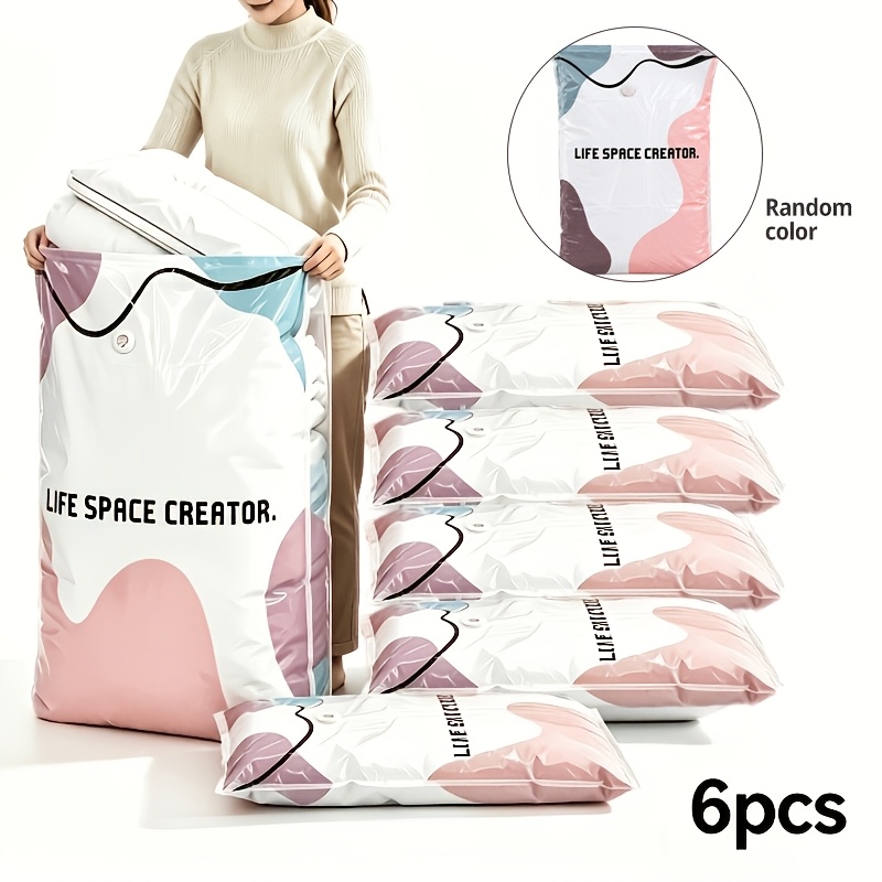 TEMU 6-pack Heavy Duty Pump-free Vacuum Storage Bags, Space-saving Compression Bags For Clothes, Blankets, Travel, Moving, Emergency Storage Random