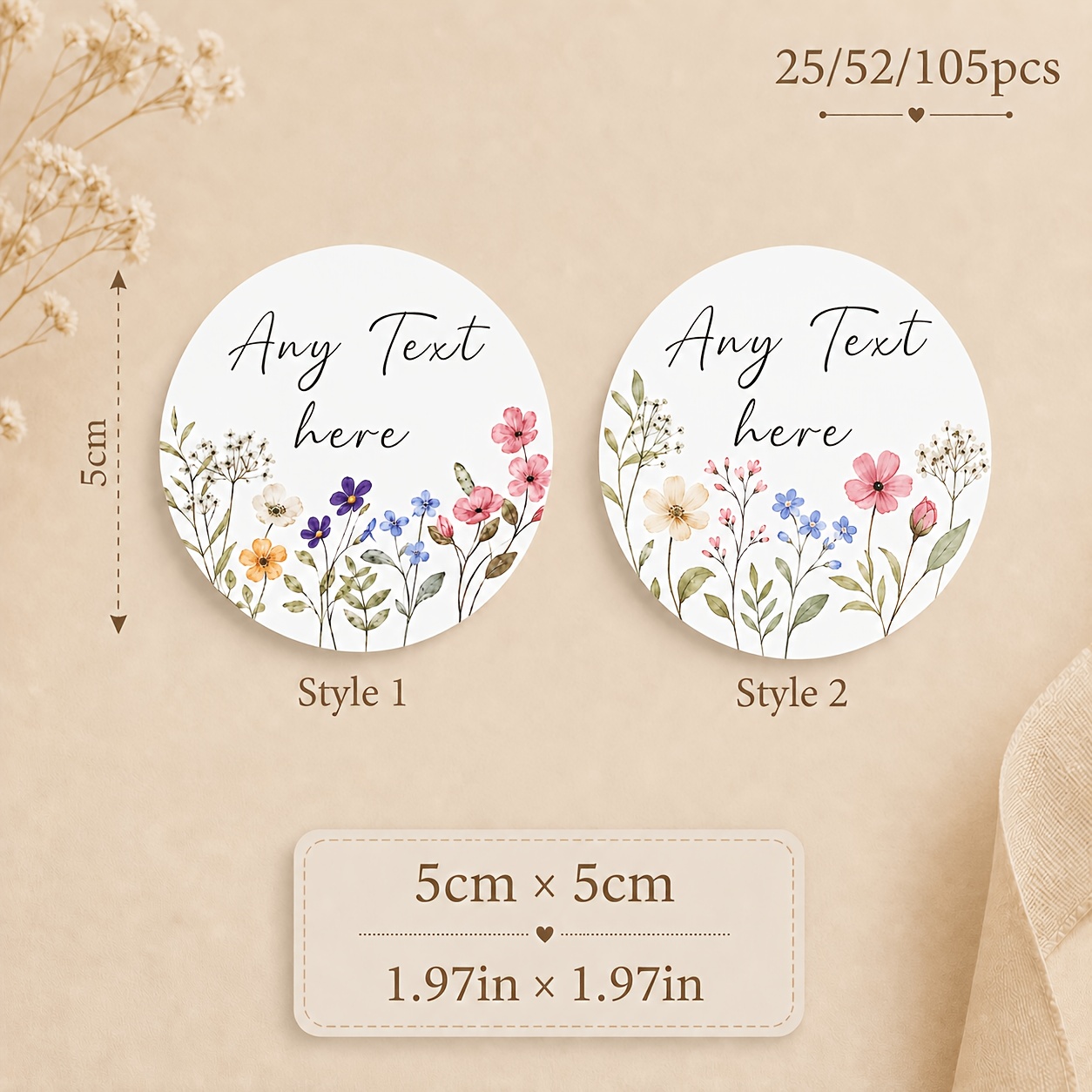 TEMU Custom Floral Stickers For Gift Packaging, Personalized 1.97-inch Round Labels With Any Text, Watercolor Design, Self-adhesive Seals For
