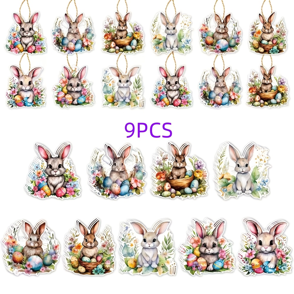 9pcs/set, Easter Party Double-sided Card Paper Ornaments, Rabbit Carnival Party Decorations, Holiday Party Atmosphere Props, Cute Rabbit Hanging Ornaments, With Hanging Rope