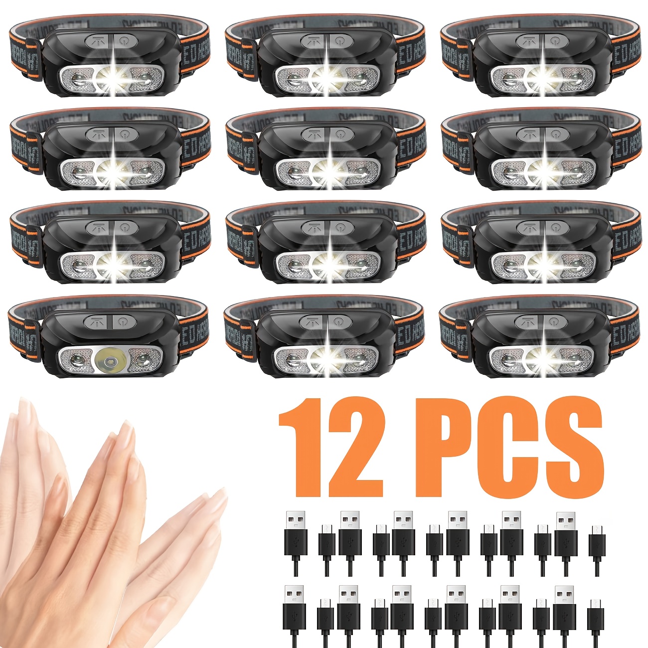 TEMU 4/8/12pcs Of Rechargeable Powerful Featuring Sensor, Compact Flashlight Headlamp, Usb Rechargeable Portable Camping Searchlight Suitable For Outdoor Activities, Fishing, And Camping