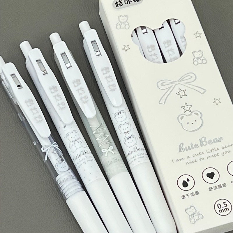 TEMU Ins-style Bear With Bowknot Pen, 4-pack, St Spring Clip, 0.5mm, Quick-drying Black Ink, , Student Stationery For Exam Practice