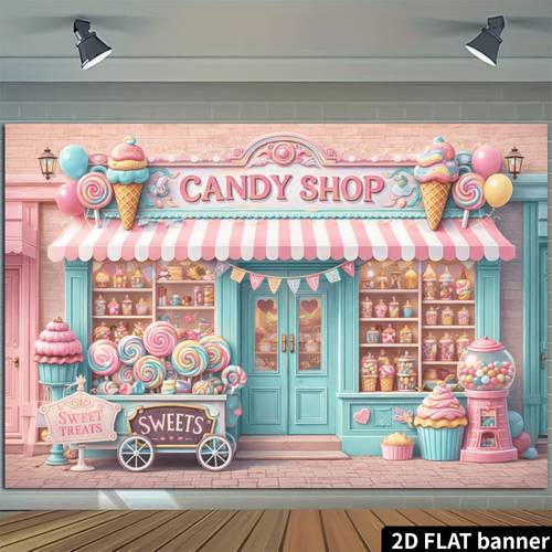 2d platte snoepwinkel thema achtergrond, macaron blauw , realistische dessertwinkel , met lolly, ijs, snoepkar elementen, dromerig straatscène ontwerp, polyester materiaal, vereist