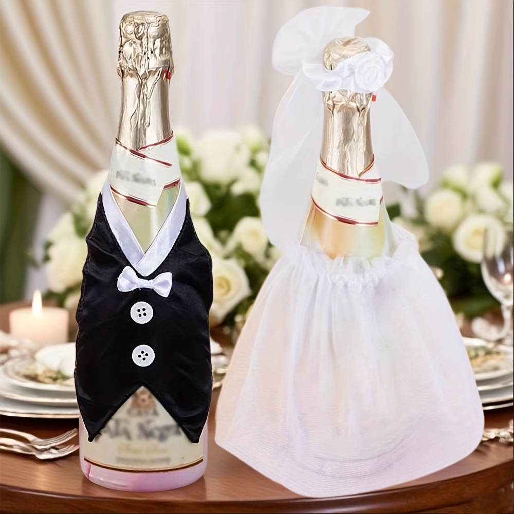 Image of 2pcs Wedding Bottle Dress And Tuxedo Cover Set, Bridal And Decorations, Engagement Party And Romantic Celebration Accessories, Elegant Wine Bottle Decor I Perfect For Halloween