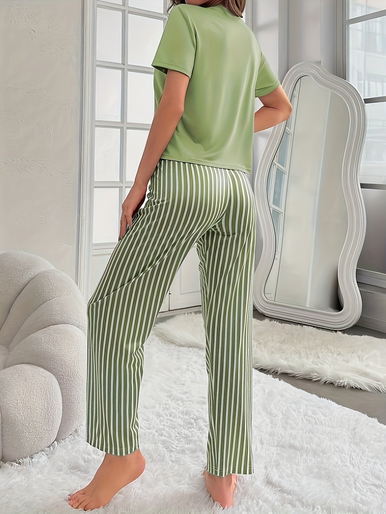 Letter Printed Short Sleeve Top And Striped Long Pants Pajama Set