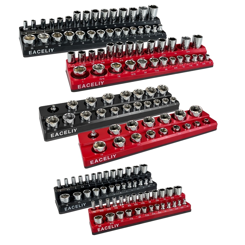 TEMU 6pcs Magnetic Socket Organizer Set, 1/2", 1/4" And 3/8" Sae & Metric Deep & Shallow Socket Holder Kit, Holds 141 Sockets, Attaches To Steel Box/tool Cart (sockets Not Included)