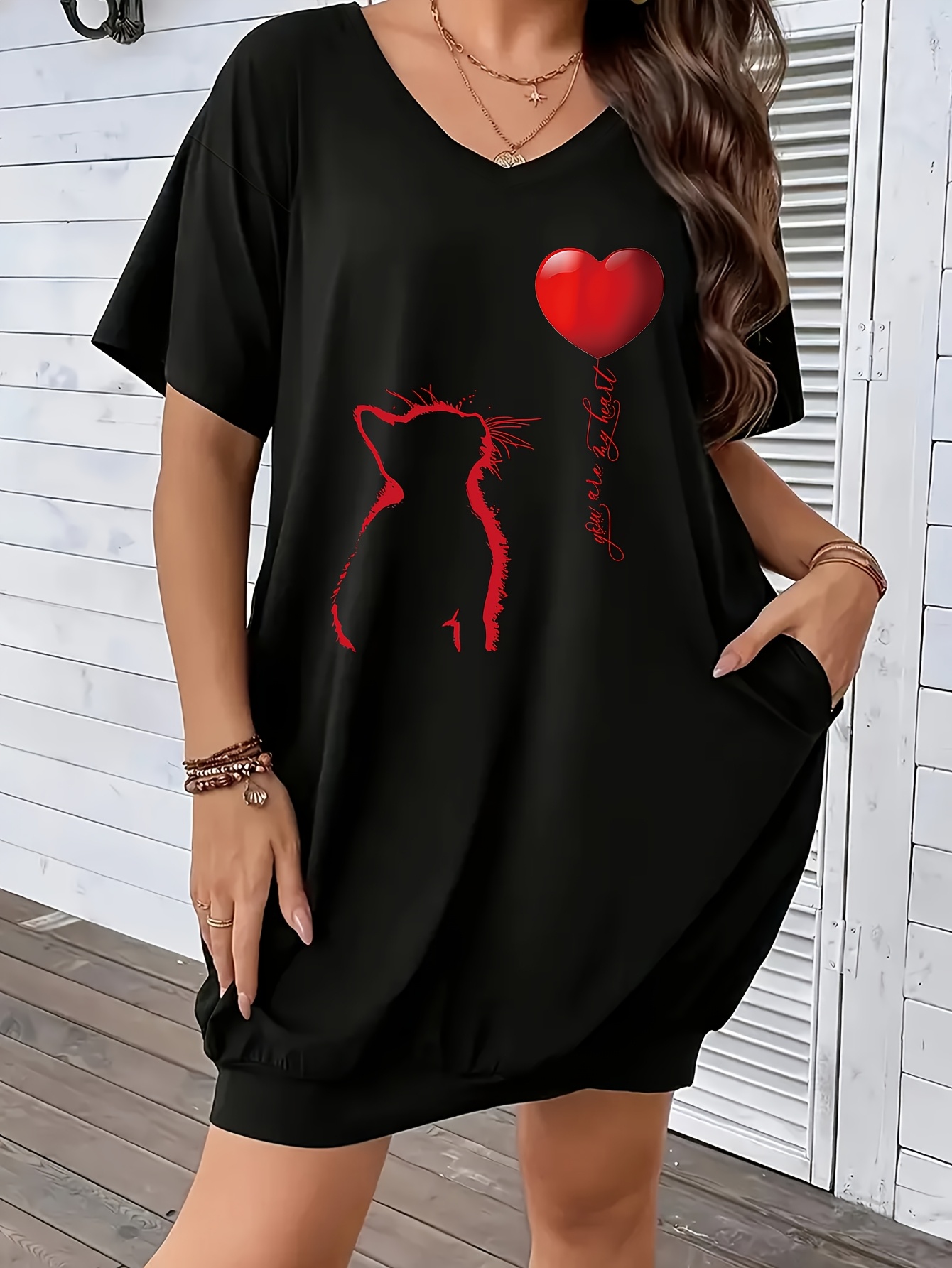 plus size valentines day red heart cat print spring summer Temu