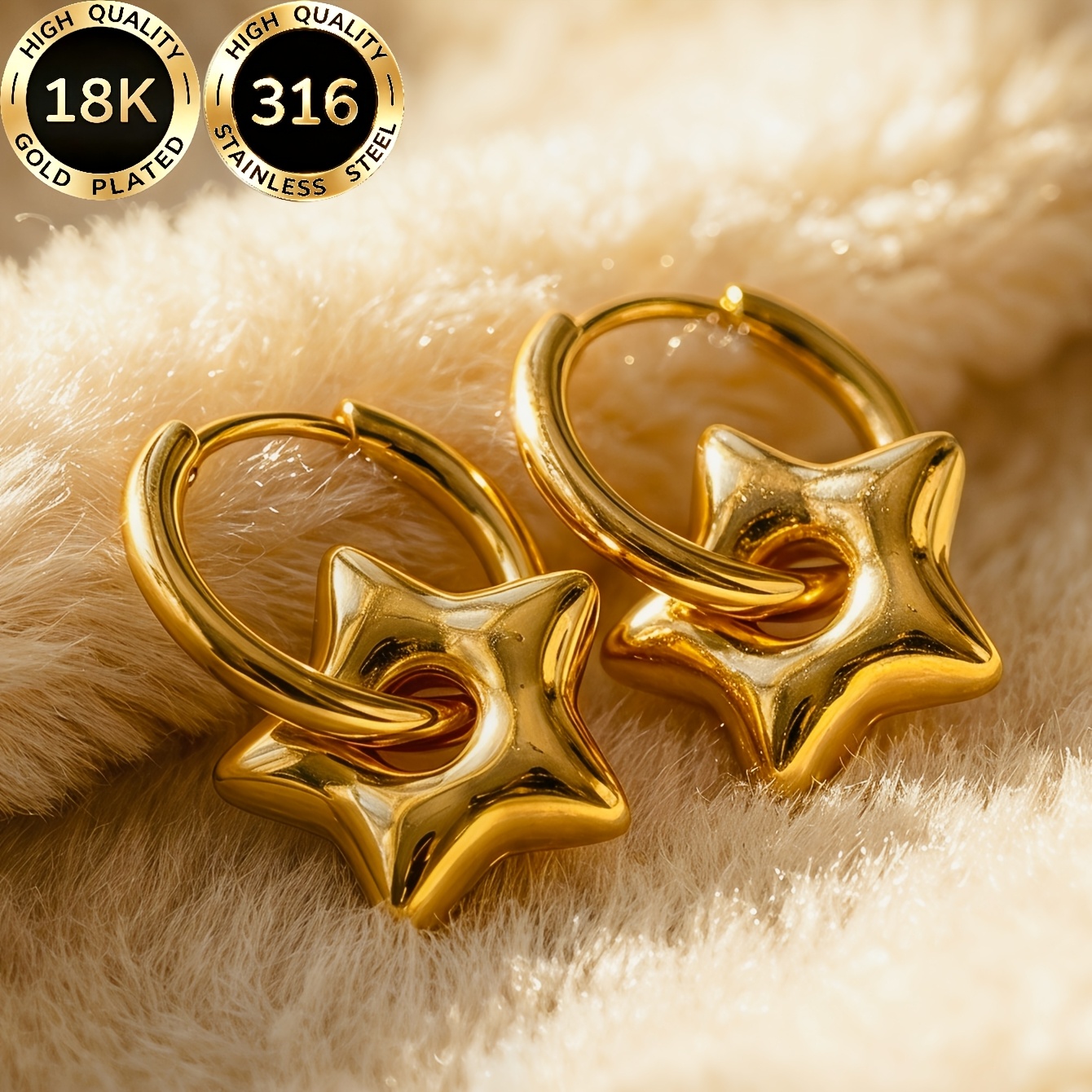 Women's 18K Gold-Plated Hypoallergenic Dangling Pentagram Earrings