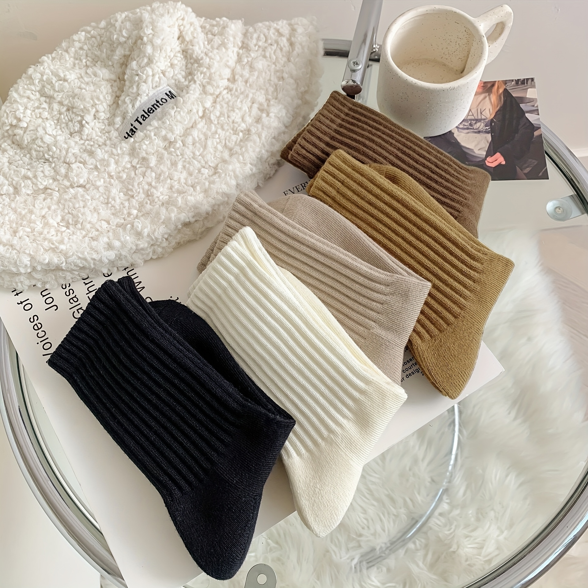 Image of 5 Pairs Of Korean-style Solid Ribbed Socks, Easy Comfortable Fall Winter Mid-calf Socks, Women's Hosiery And Socks
