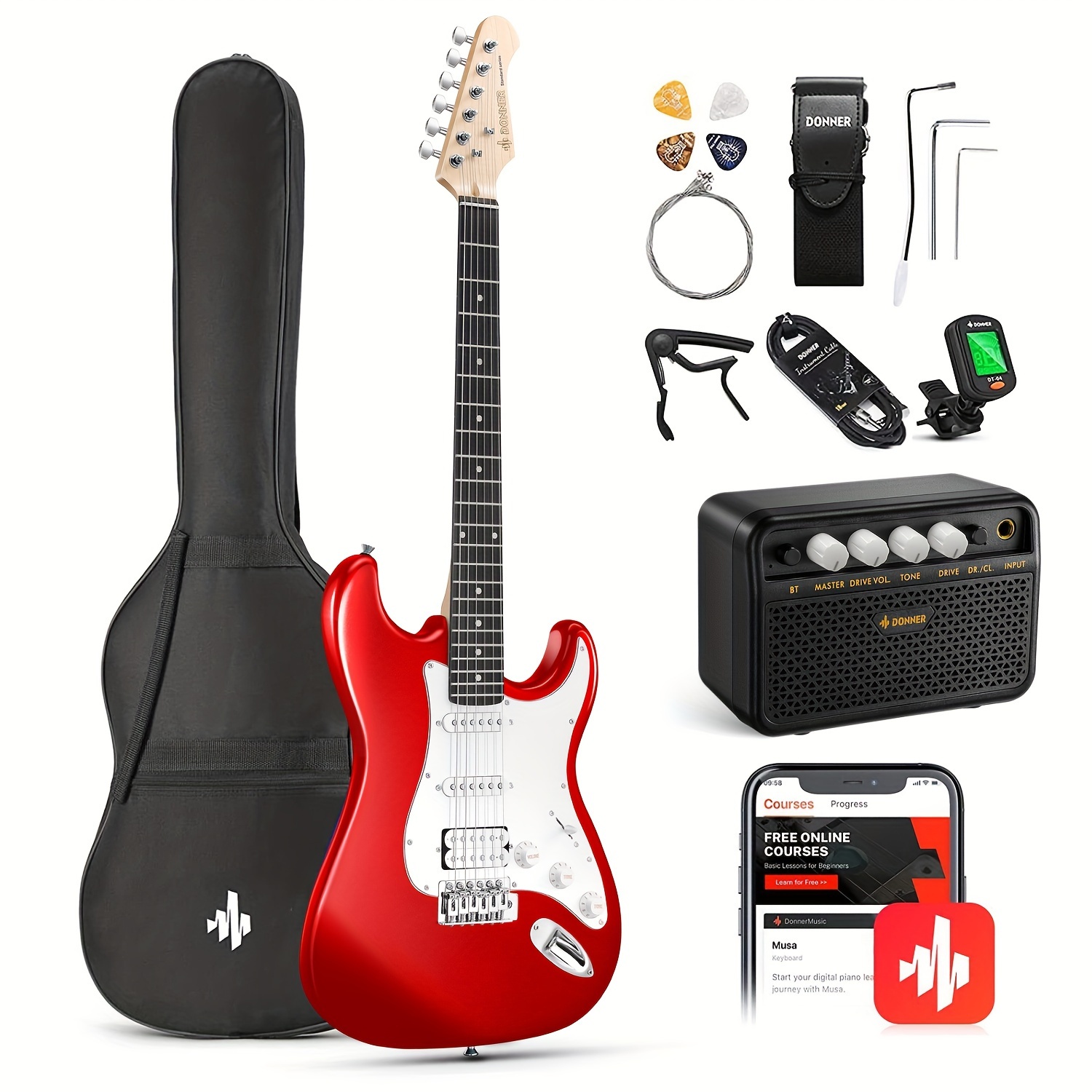 

Donner 39 Inch Electric Guitar Kit With Hss Pickup Accessories Amplifier Lessons Tuner Red