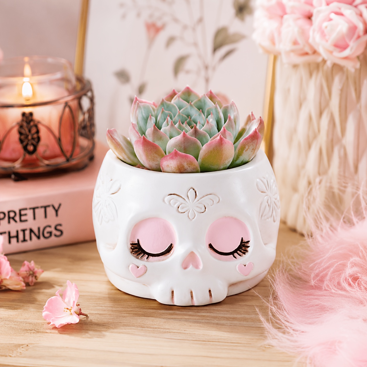 TEMU Pot de résine de crâne avec trous de drainage ( plantes), joli pot de crâne avec œil fermé pour plantes d'intérieur, Halloween, décoration