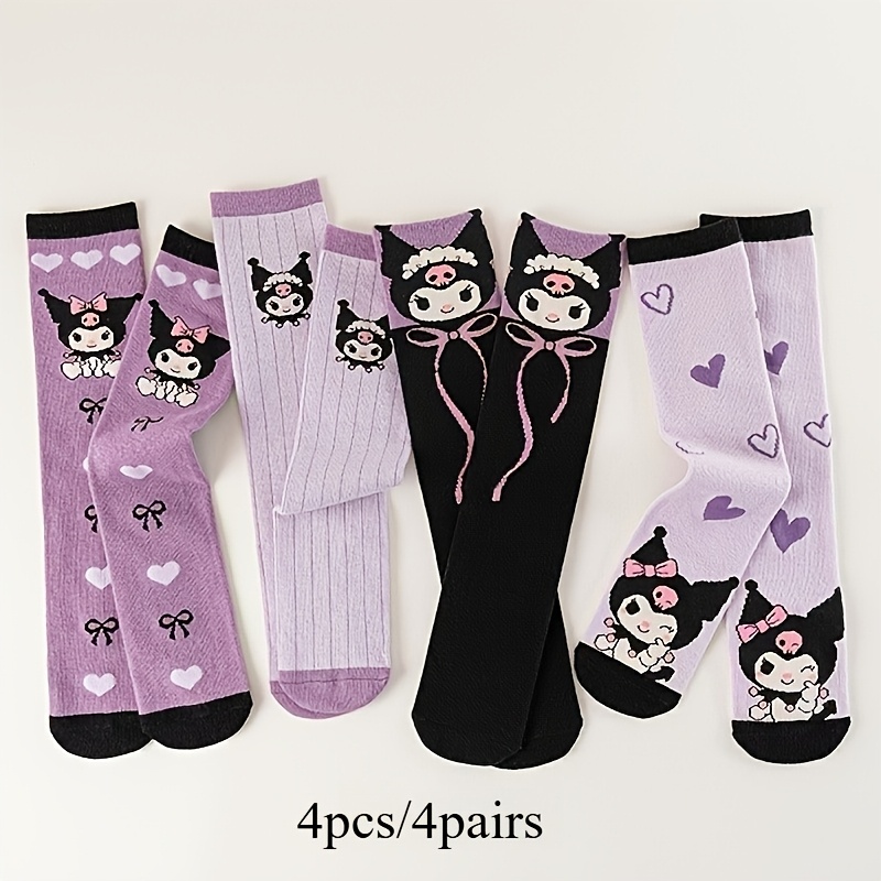 Image of Licensed 4 Pairs Kuromi Women's Knee-length Socks, Heart Pattern, Purple Series, Minimalist And Versatile, Hand Washable - 200g/m²