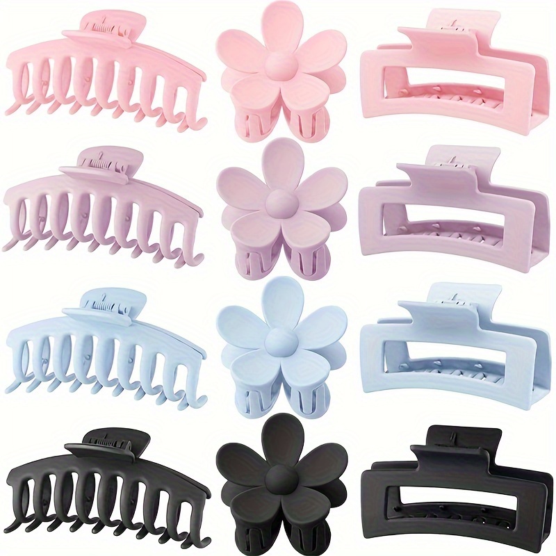 

12pcs/set Trendy Solid Color Hair Claw Clips, Flower Shaped Hair Grab Clip, Hollow Out Rectangular Hair Grab Clip, Hair Styling Accessories For Women And Daily Wear