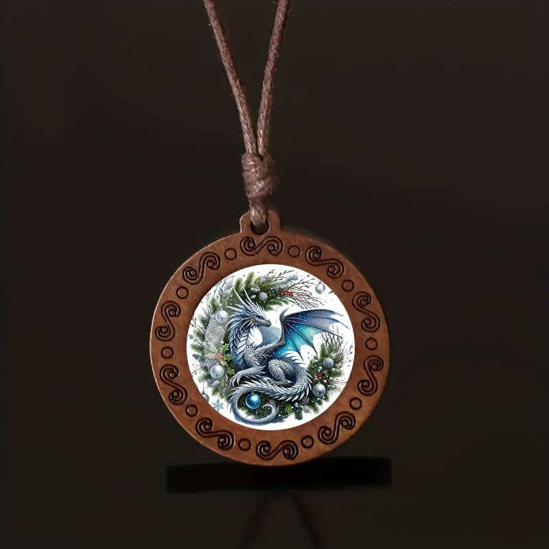 Silvery Dragon Holly Wreath Wooden Necklace, Fun Gift