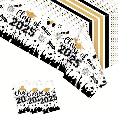 1pc class of 2025 graduation tablecloth disposable high quality party table cover elegant black golden graduation decorations with caps for ceremony prom party decor easy plastic tablecloth graduation table decorations festive table setting material