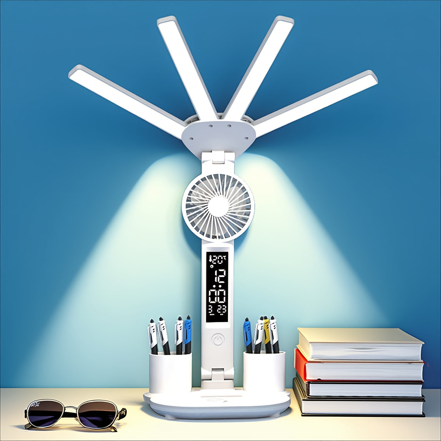 TEMU 2026 New Usb Desktop Fan Lamp, Light With Pencil Holder, Time And Temperature Display, Alarm, And Three-color Led Lighting, Design, For Home,