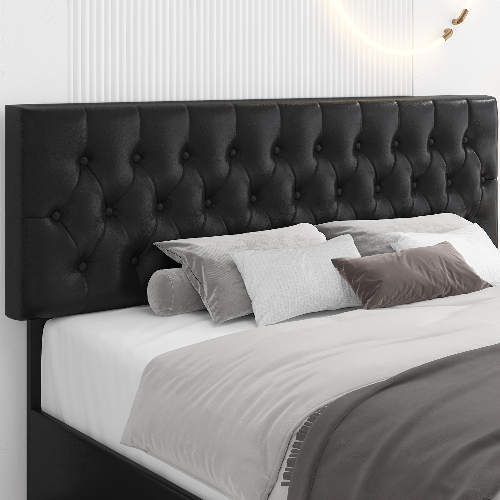 Modern Upholstered Bed Frame with 4 Storage Drawers, Platform Bed Frame with Button Tufted Headboard, Solid Wooden Slat Support