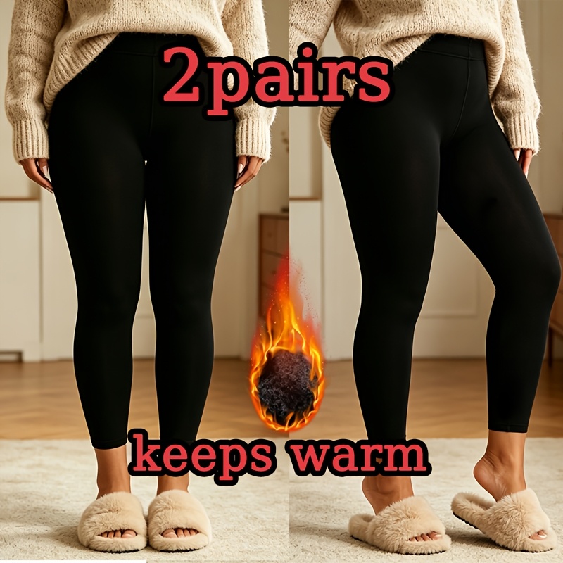 TEMU [Style Automne/Hiver] Lot de 2 Paires de Collants Chauffants et Épaissis Grande Taille, Leggings Chauds et Respirants , , les Domicile-Travail,