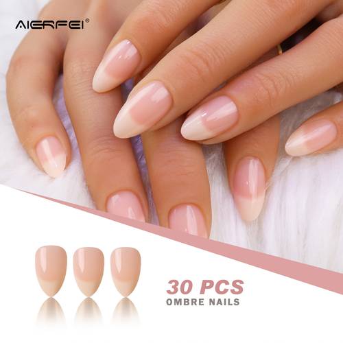 30pcs glossy french nails in short almond shape fashionable nail supplies parties dating and casual attire