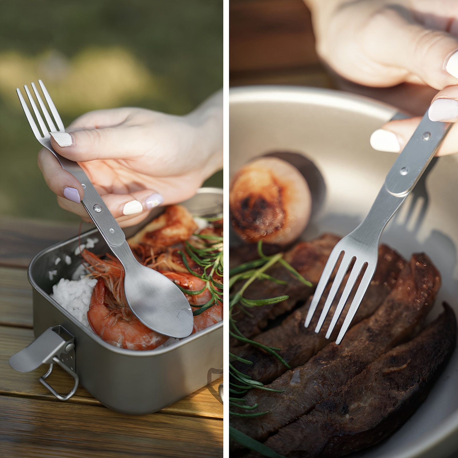 2pcs set 2 in 1 multifunctional stainless steel cutlery with folding spoon and fork   for hiking camping or backpacking trips Product details 2
