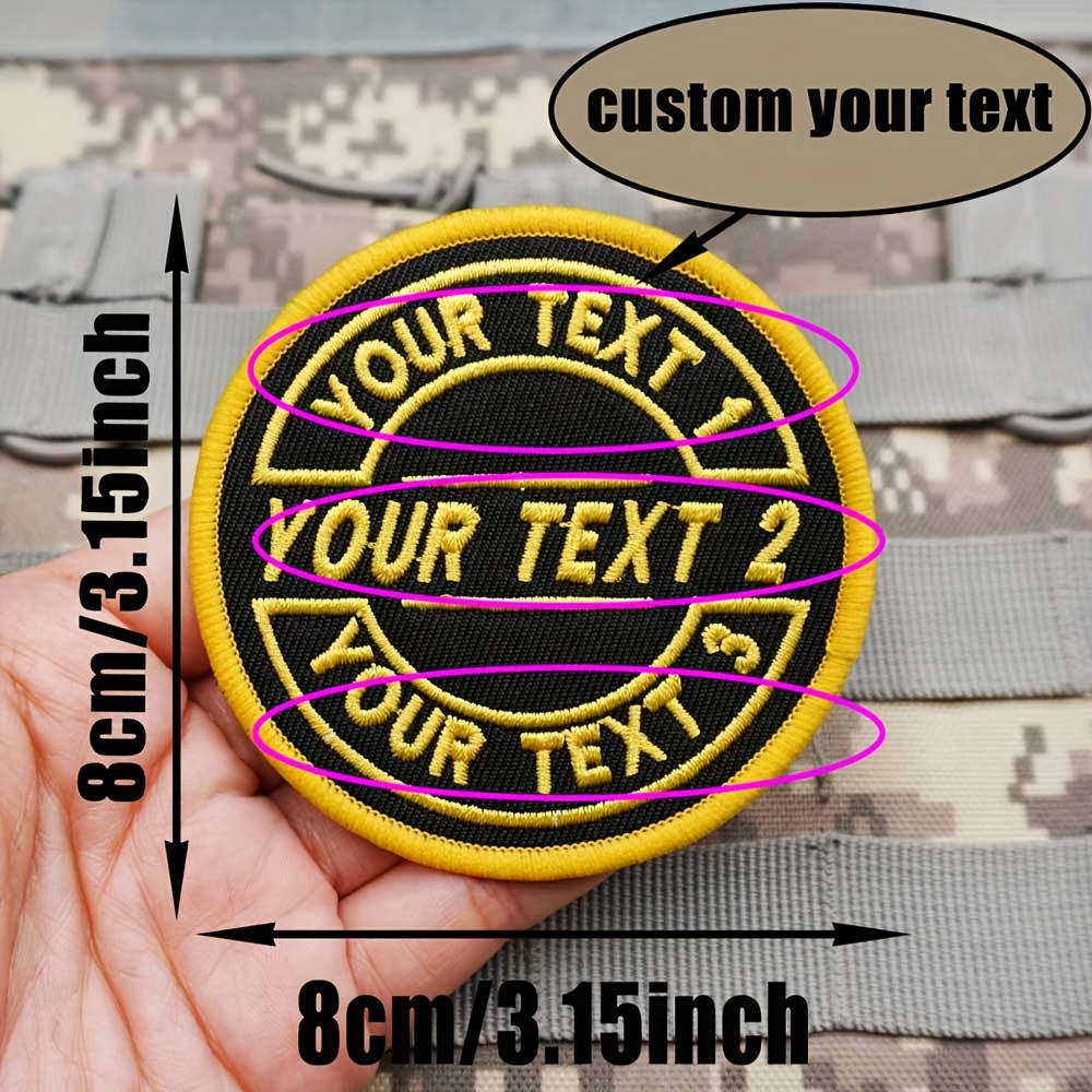 TEMU A Personalized Custom Round Three-row Mixed-color Black Olive Green Yellow Lock-edge Embroidered Name Patch With Adhesive Hook-and-loop Backing,