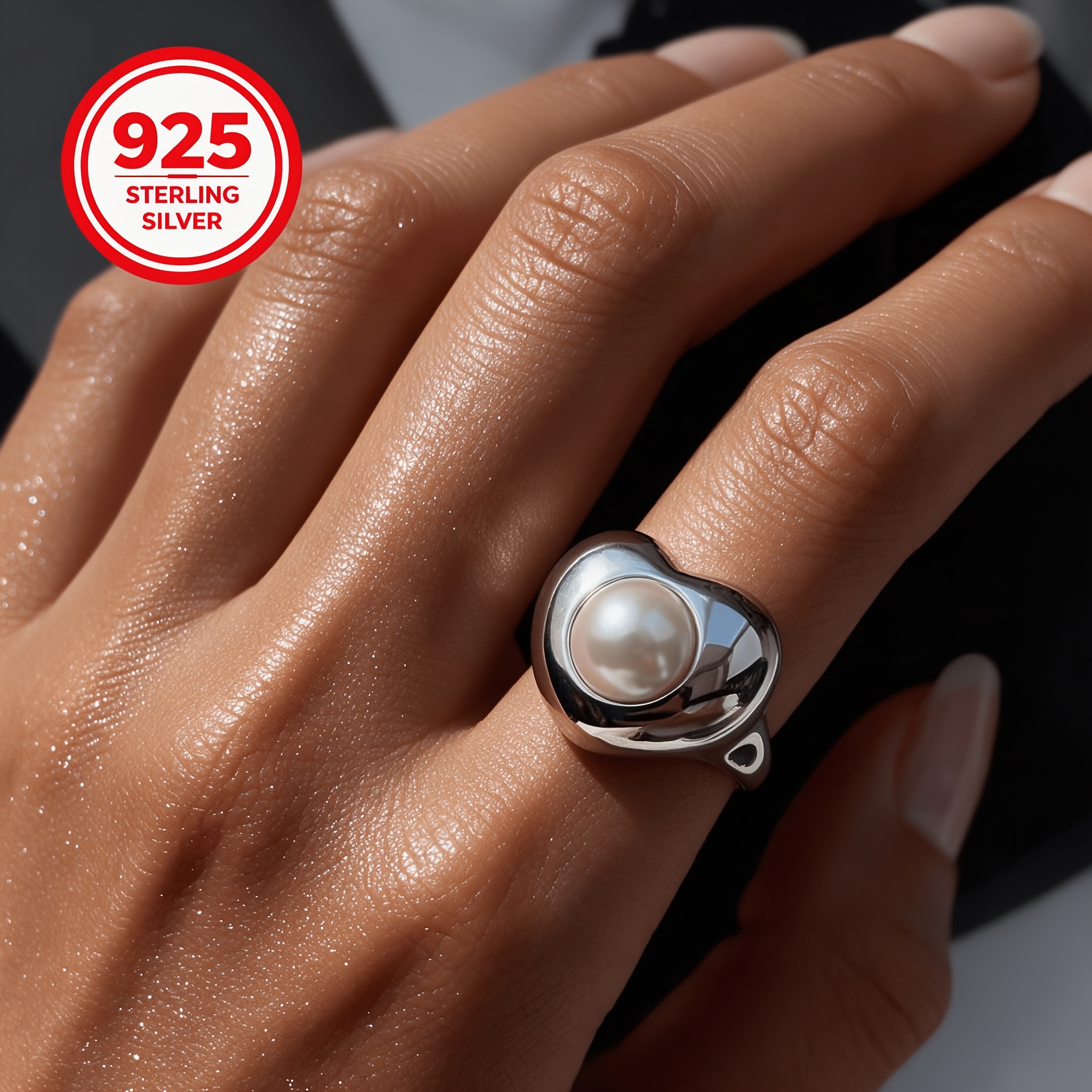 Women's 925 Silver Heart Bead Adjustable Ring, Premium Feel