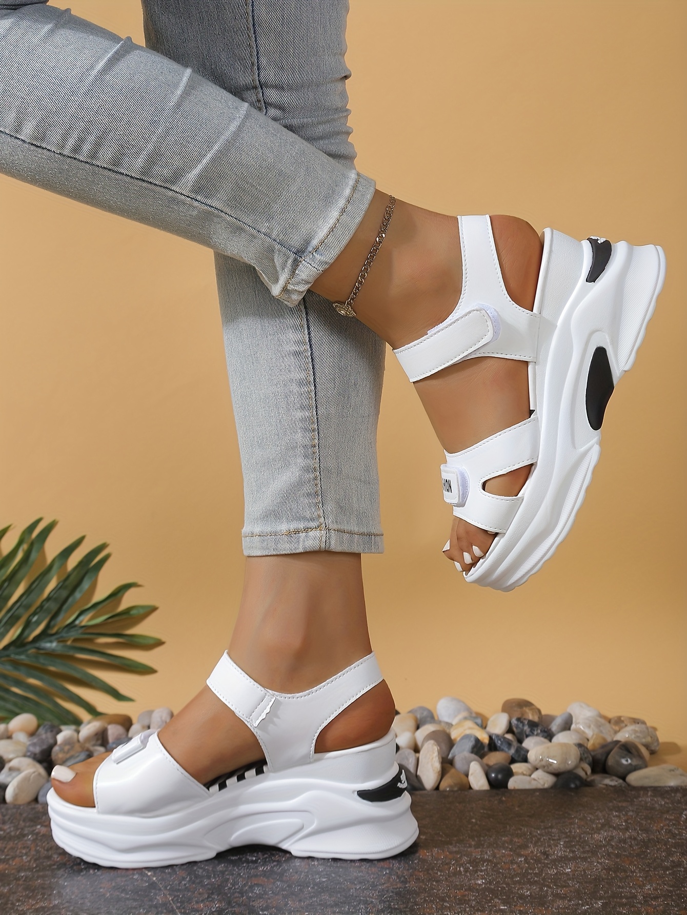 Women's Platform Wedge Sandals - Striped Synthetic Cover Open-Toe Beach Shoes with Adjustable Hook-and-Loop Back Strap, Thick Cushioned Sole for All-Season Casual & Formal Wear, Ladies Sandals