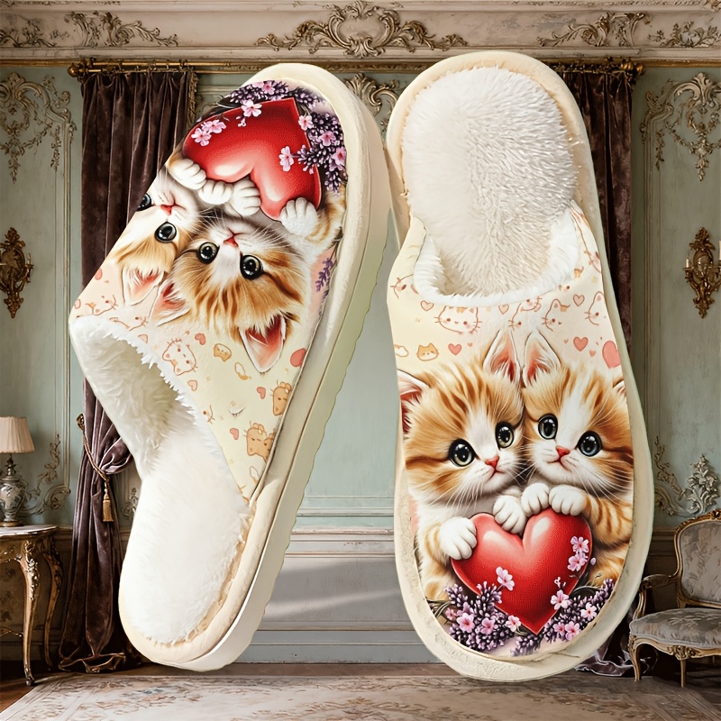 TEMU Cute Plush Couple Slippers Suitable For - Thick Sole Indoor House Shoes With Sole & Soft Fabric Upper, French Style Slip, Comfortable Matching