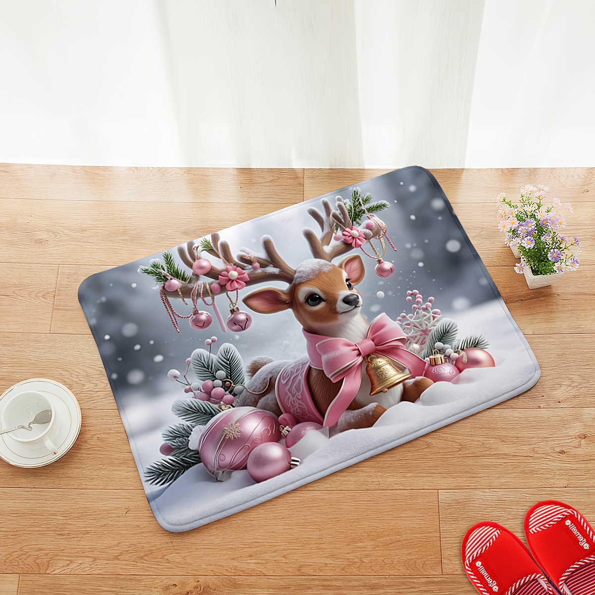 TEMU 1pc Pink Themed Cartoon Reindeer Pattern Printing Floor Mat For Home Entrance, For Home Christmas Atmosphere Decoration Carpet, Christmas