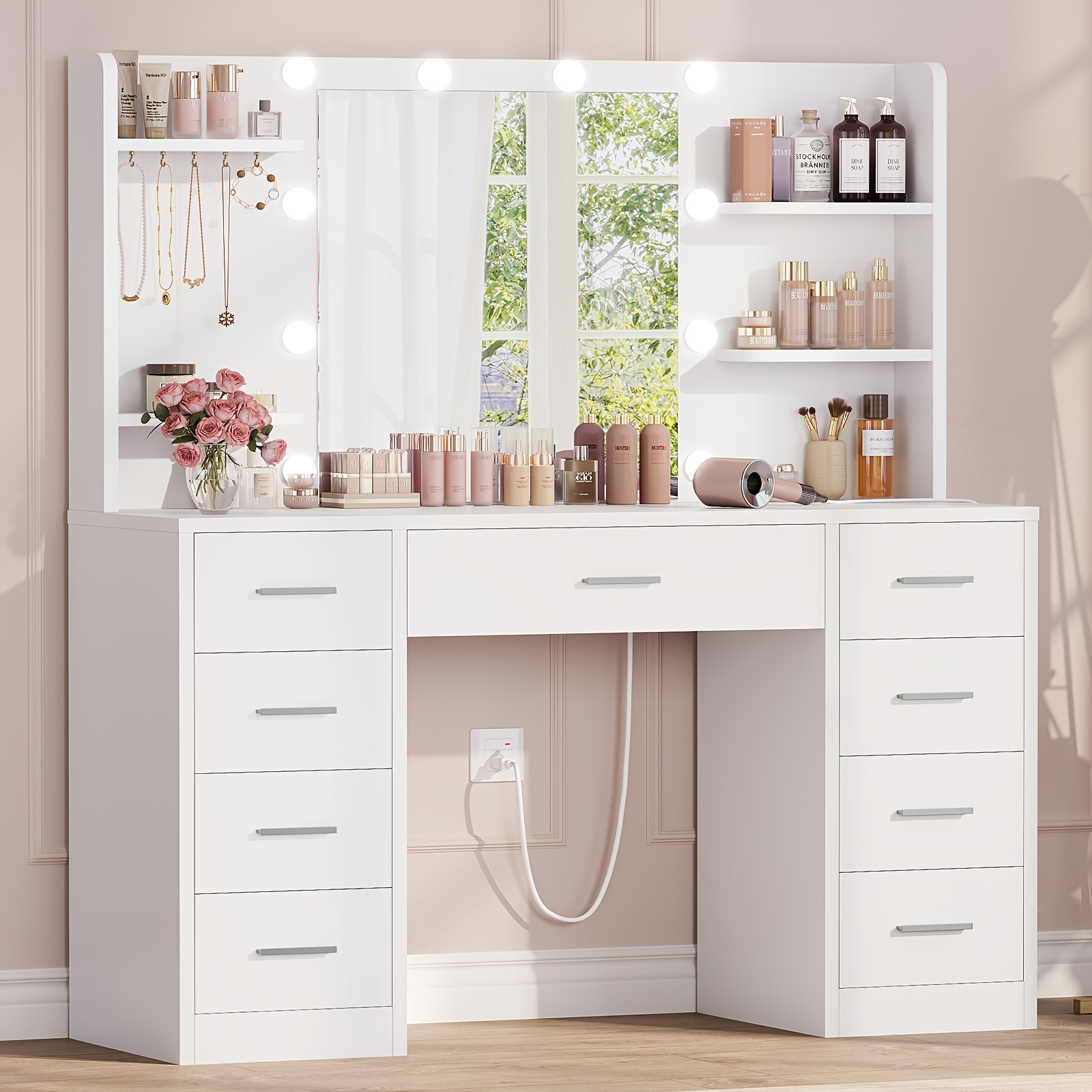 TEMU Large Vanity Desk With Led Lighted Mirror & Power Outlet, Makeup Vanity Table With 9 Drawers, 4 Shelves And 5 Hooks, Vanity Table, Vanity Desk