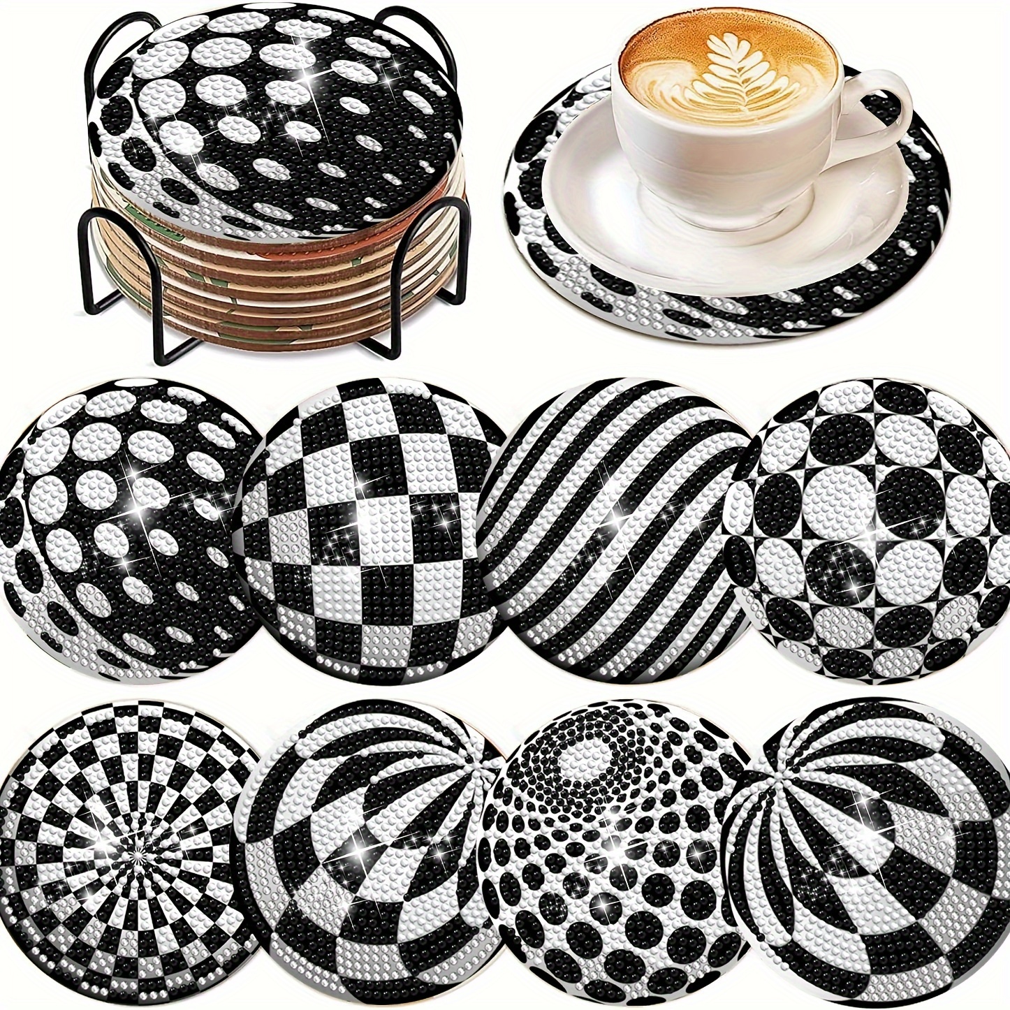 

Kit de 8 dessous de verre en peinture diamant avec support - Art diamant rond pour débutants - Ensemble complet de mosaïque de bricolage pour adultes - Motif à carreaux noir et blanc