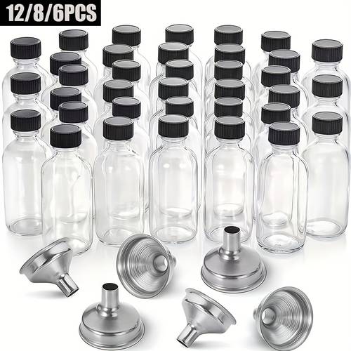 12pcs 8pcs 6pcs set of clear glass bottles with black leak proof caps and funnels 30ml 1oz 60ml 2oz 120ml 4oz transparent essential oil bottles laboratory sample vials suitable for essential oils cosmetics perfumes liquids easy to clean