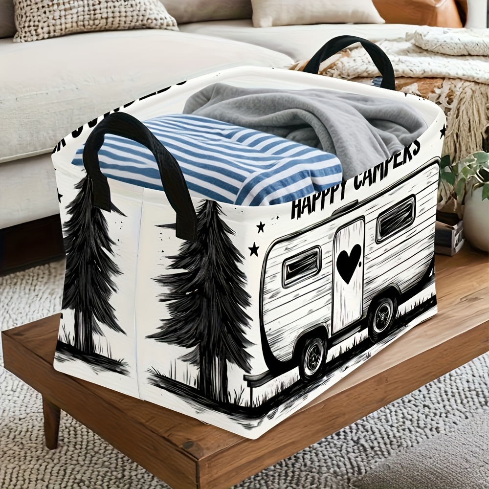TEMU 1pc Dokriy Foldable Camping Storage Basket With Rv, Tree & Patterns - Canvas Collapsible Suitable For Clothes, Books,, /outdoor Use, Van Basket,