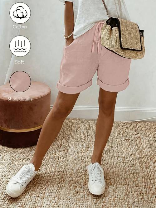 item picture womens shorts with solid color elastic waistband drawstring closure casual pockets the fabric is soft and breathable suitable for daily vacation wear and vintage styling