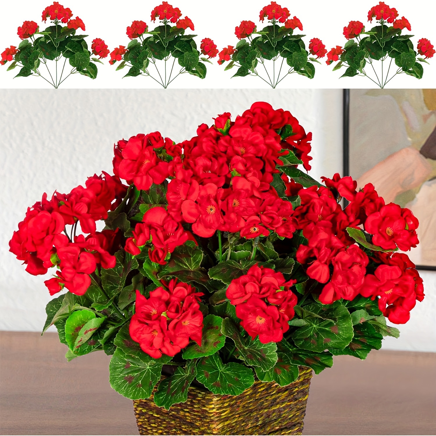 

4 Pack Artificial Geranium Flower With 5 Blossoms, 14.2-inch Silk Floral Bouquet For Indoor Decor And Porch Garden Display, Contemporary Style With Flower Theme