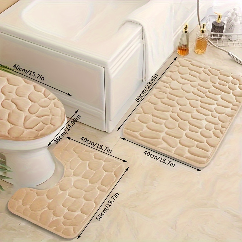 

3-piece Geometric-pattern Bath Rug Set, Coral Fleece Memory Foam, Non-slip, Quick-dry, Knit Fabric, Polyester, Machine Made, Rectangular Bath Mat & U-shaped Toilet Rug - Bathroom Decor Accessories