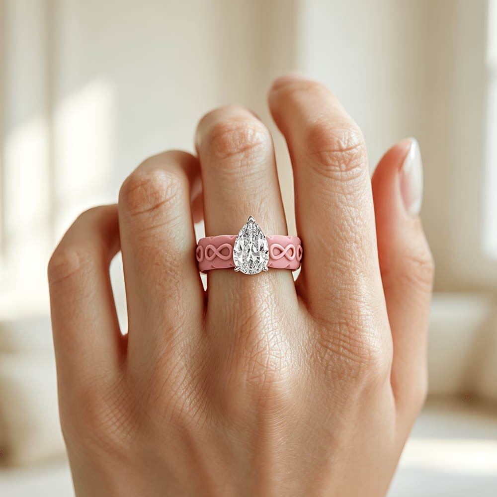 Pink Teardrop-Shaped Zirconia Silicone Ring, Anniversary Gift