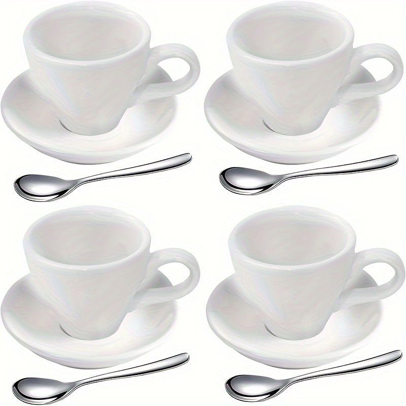 

4 Pcs, White Ceramic Coffee Cup + Saucer+ Spoon, Coffee Mugs, Espresso Coffee Drinkware, 6oz Cups For Cafe Tea Milk Cappuccino Latte Chocolate, Home Kitchenware