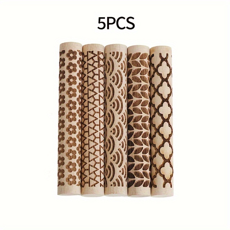 

5-piece Embossed Rolling Pins Set - Wood - Patterned Dough Rollers For Baking, Pottery, Crafts - Textured Tools For Diy Projects