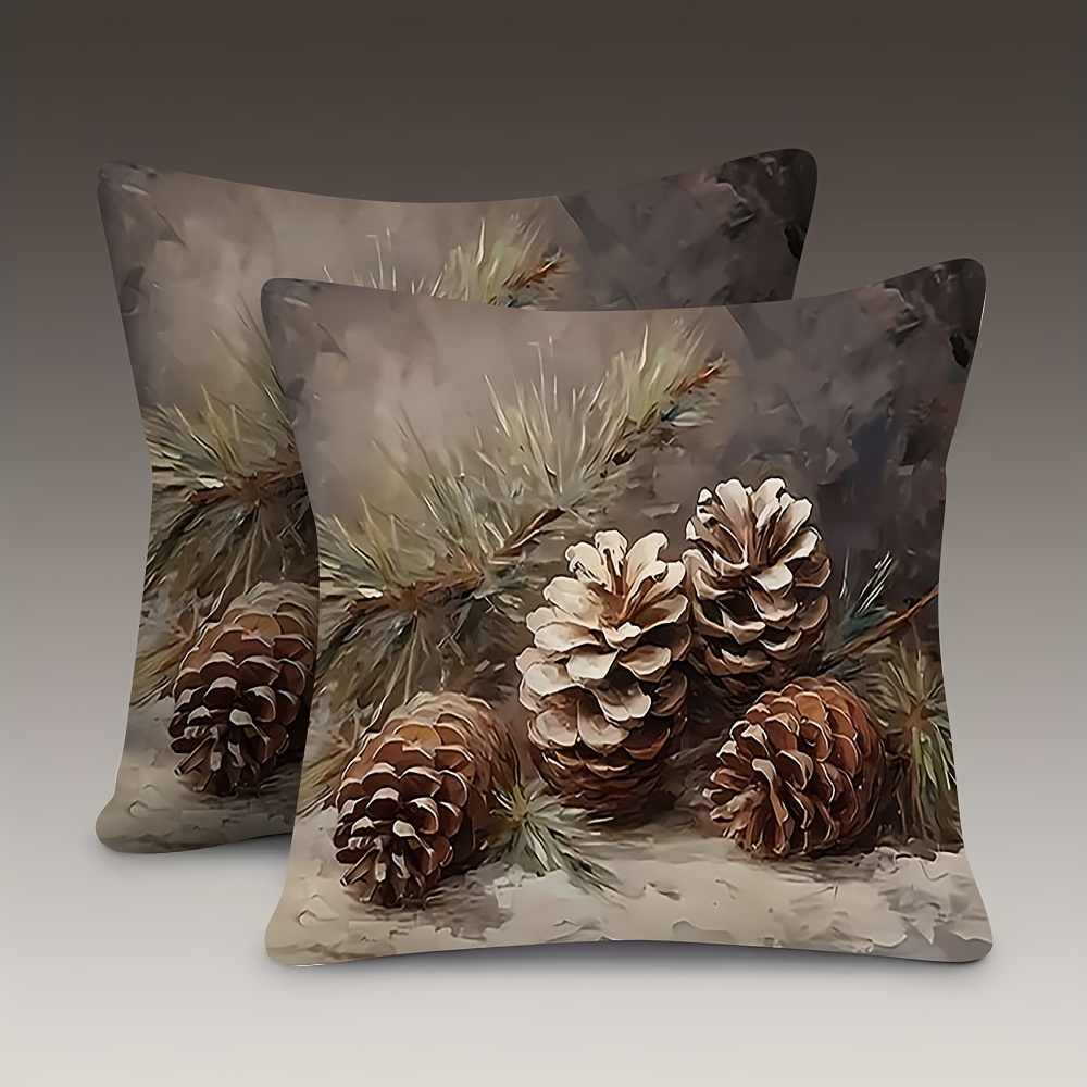 TEMU 2pcs, Double Sided Soft, Throw Pillow Cover 18x18inch, Pine Cones And Branches On A Textured Background, Suitable For Sofas, Living Rooms,