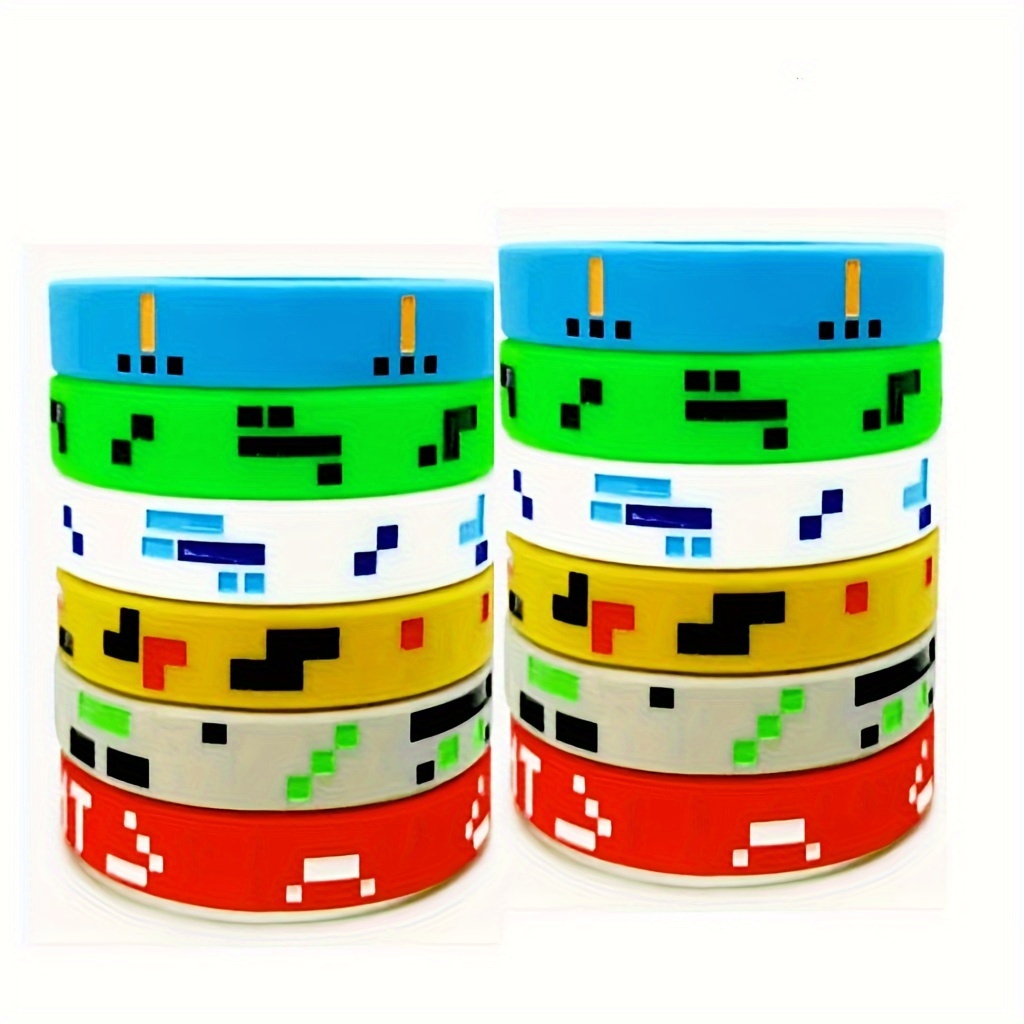 

12pcs Pixel Miner Silicone Wristbands - Game-themed Rubber Bracelets For Sports & Parties, Men' Accessories