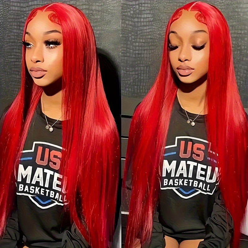 TEMU 205% Density 13×4 Hd Red Transparent Wigs For Women Red Straight Human Hair 13×4 Red Lace Front Wigs Human Hair Pre Plucked Hairline Glueless With Baby Hair Red Colored