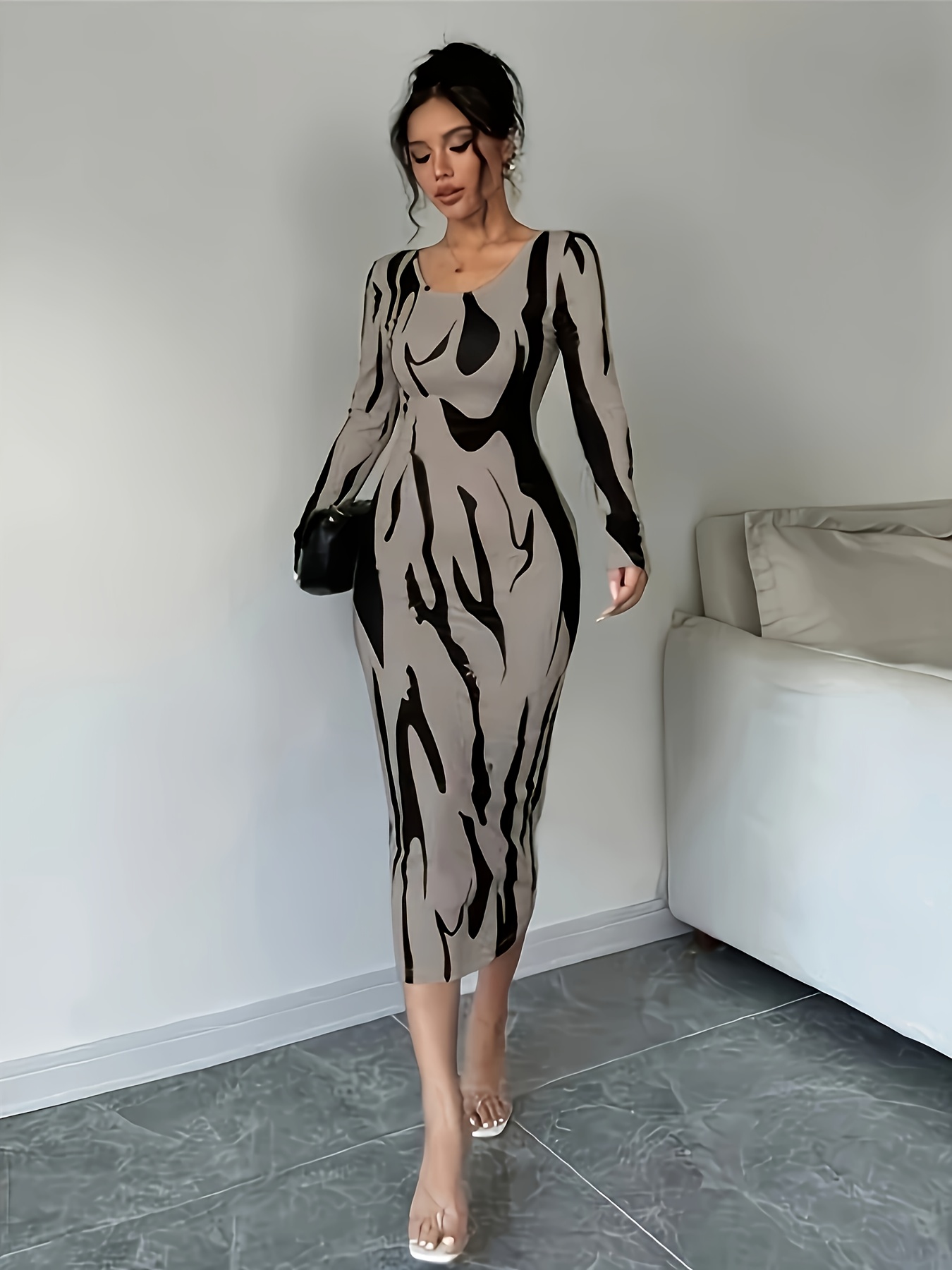 long sleeve midi dress semi formal Berylove Women Ivory Long Sleeve Midi Work Dress V-Neck Sheath Semi Formal Dress With Ruffles, Ivory / US10