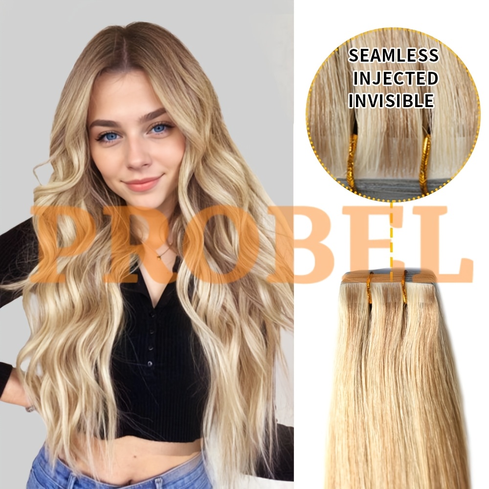 Tape In Hair Extensions Human Hair, Tape In Ash Blonde Highlights And Brown Blonde Hair Extensions Attached Invisible Seamless Skin Weft Adhesive Tape On Real Human Hair The For