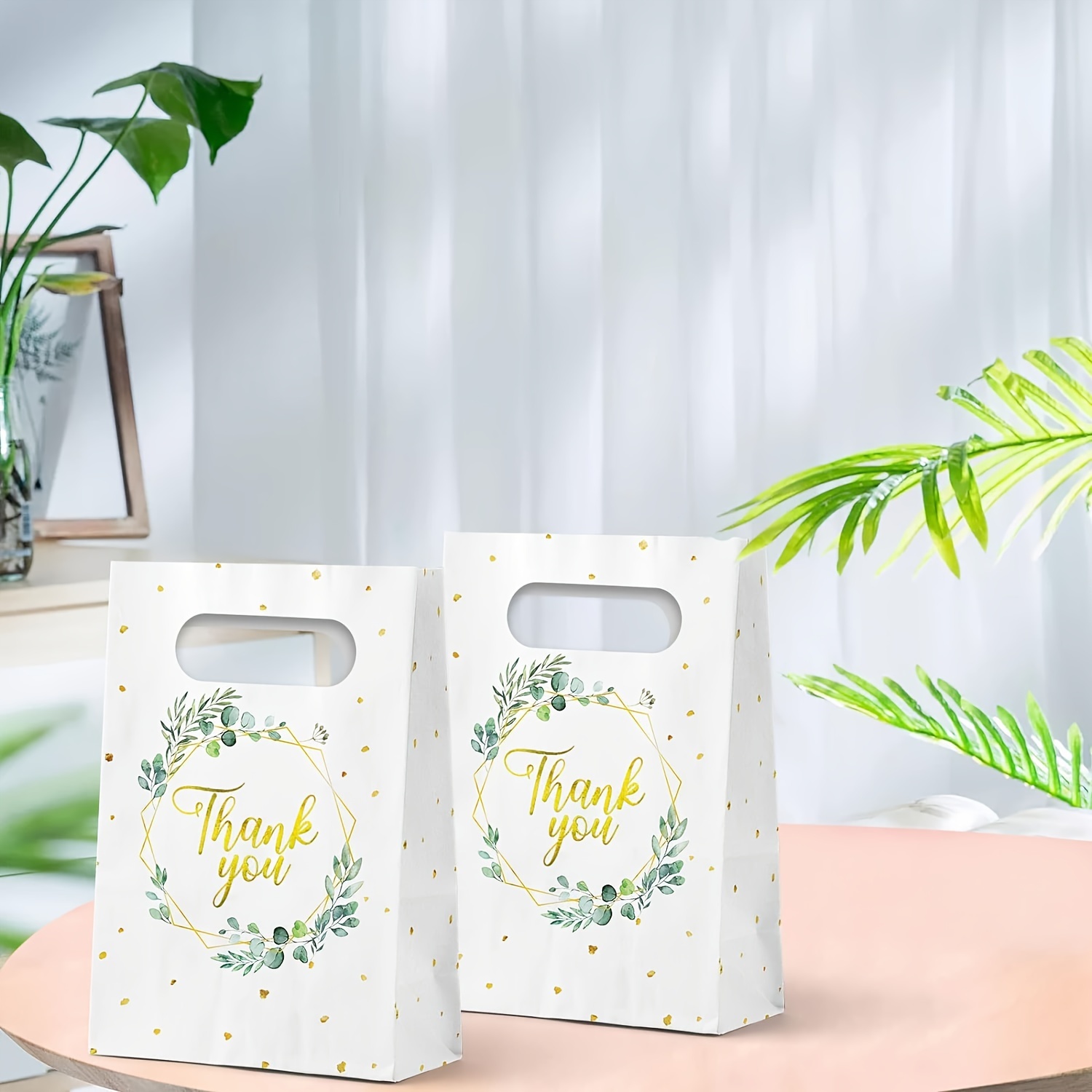 Image of 24pcs Green Eucalyptus Thank You Paper Gift Bags, Unisex Shower Gift Bags, White Paper Bags