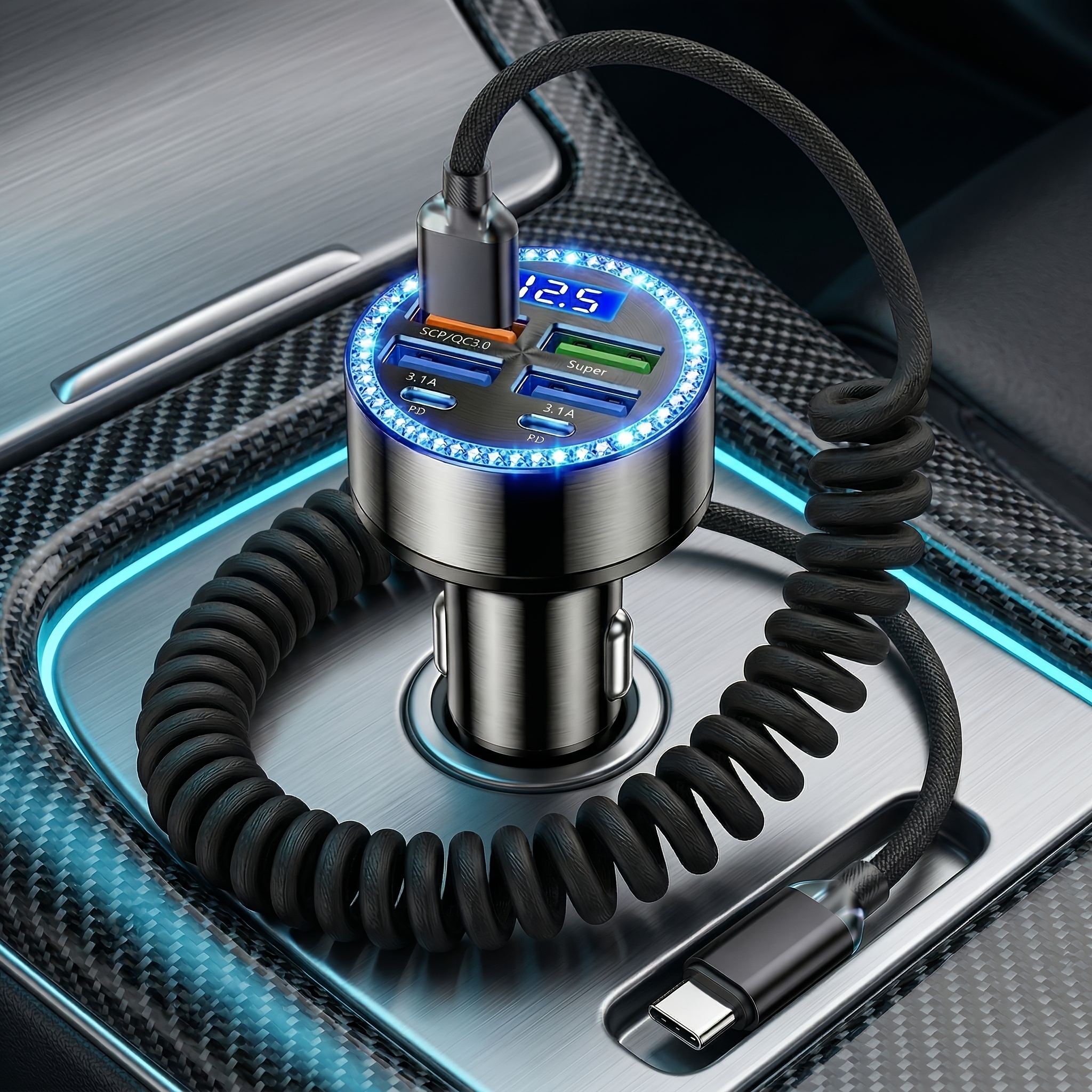 60w Usb C Car Charger, 6-port Car Socket Charger With Pd30w & Qc3.0 Fast Charging, Includes 45w Coiled Usb C Cable, Rapid Car Charger Adapter Compatible With Iphone 15/pro/plus/max, S23, Google Pixel