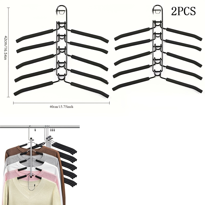 TEMU 2pcs Of Space-saving Hangers, 5-layer Hangers, Space-saving Storage For Clothes, Metal Hangers With Non-slip Foam Pads, Suitable For Wardrobe