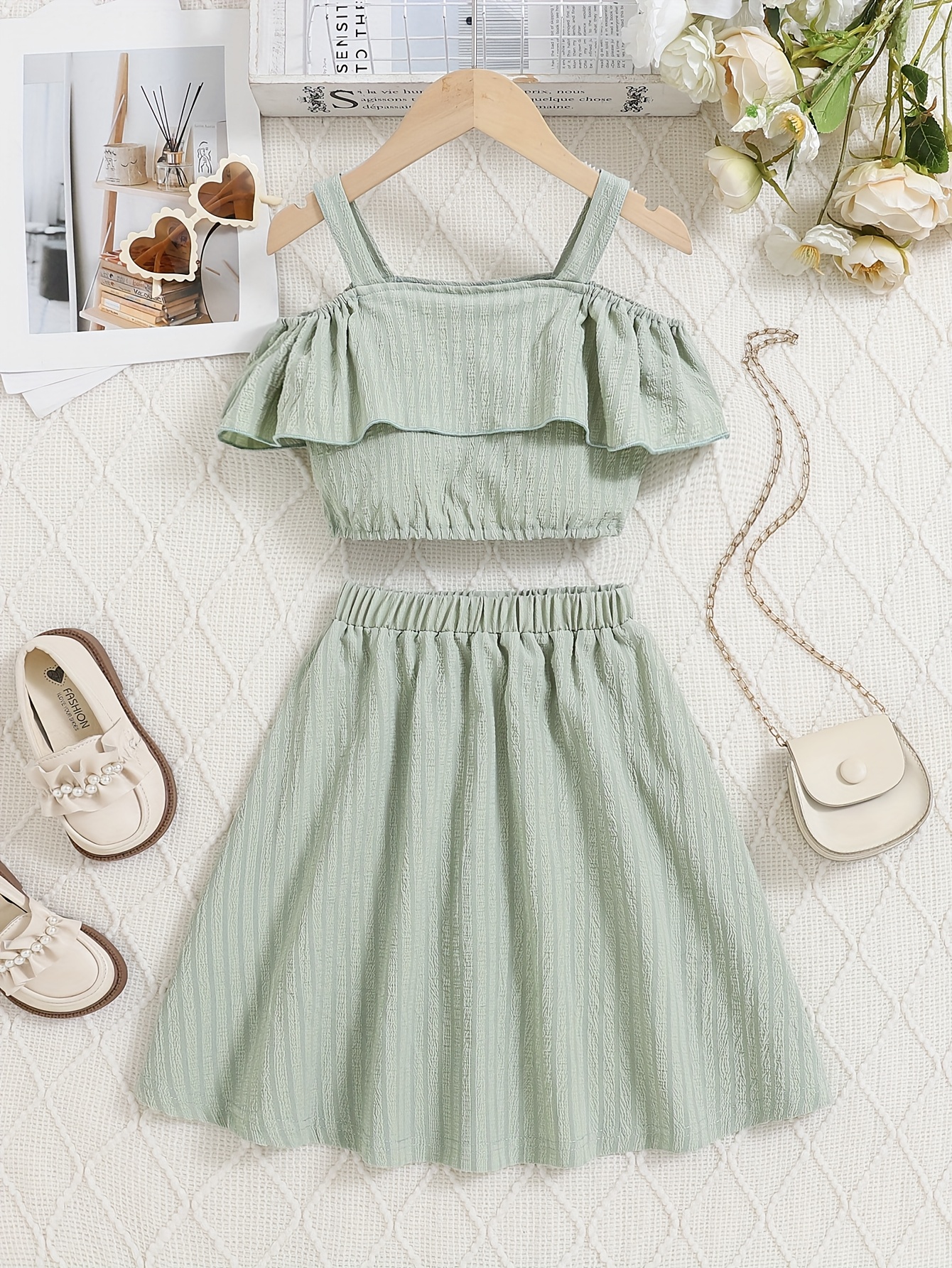 sweet girls' green midi dress set cute ruffle detail casual Temu