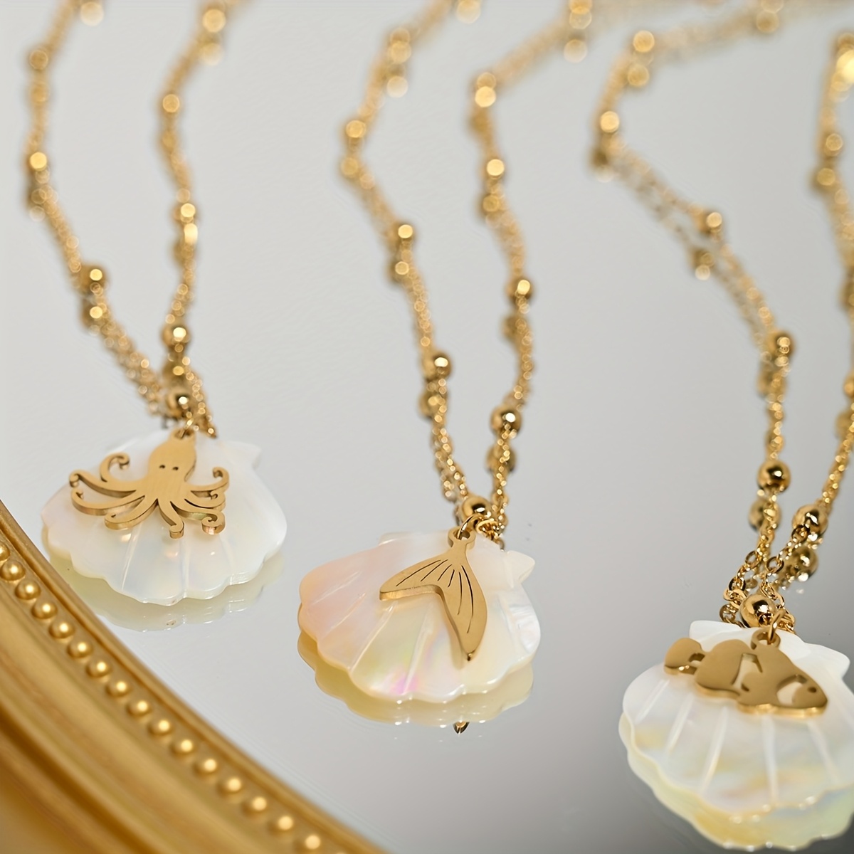 Ocean Series Golden Bead Chain Necklace with Seashell & Devil Fish