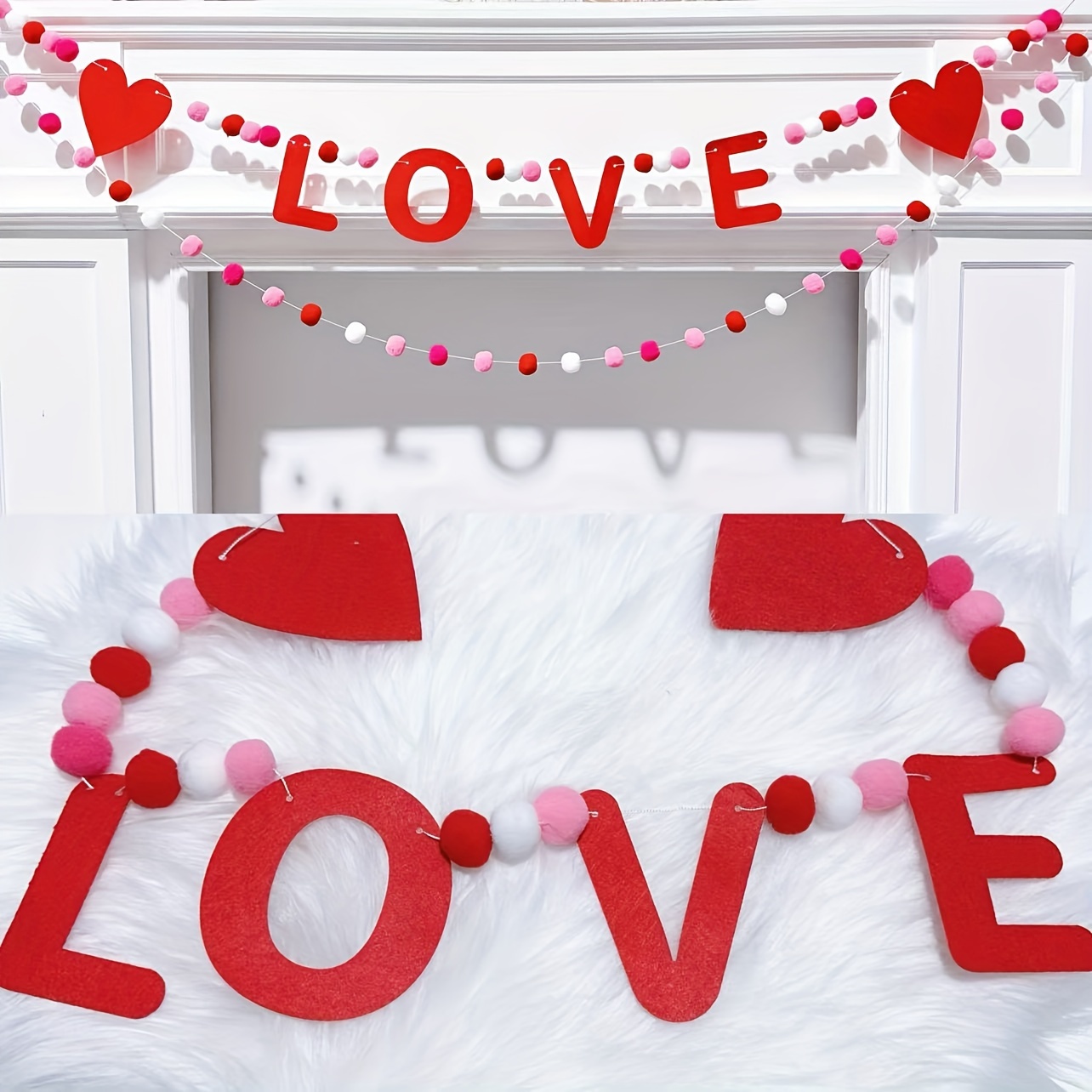 

Valentine's Day Felt Heart & Pom Pom Garland Set, Pre-stringed Decorative Banner, Romantic Hanging Bunting, 8.2ft, With No Electricity Required, For Home, Party, Spring Holiday Decoration