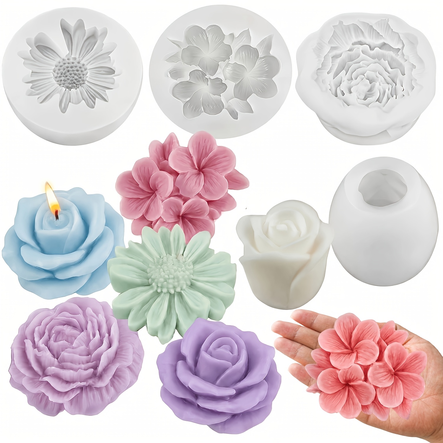 TEMU 4 Sets Of Silicone Flower Candle Molds, With Various . Suitable For Diy Production Of Soy Wax, Beeswax, , Resin, Etc. Use As Handmade Gifts For